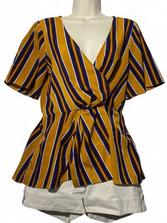 willow & root Tops - Willow & Root Striped Wrap Blouse with Tie in Mustard and Navy